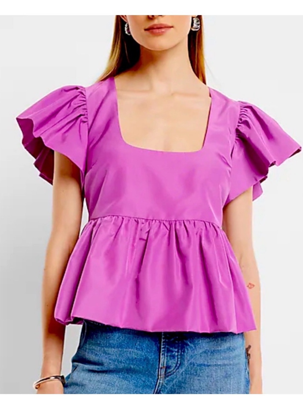 Express- square neck flutter sleeve peplum babydoll top in orchid purple